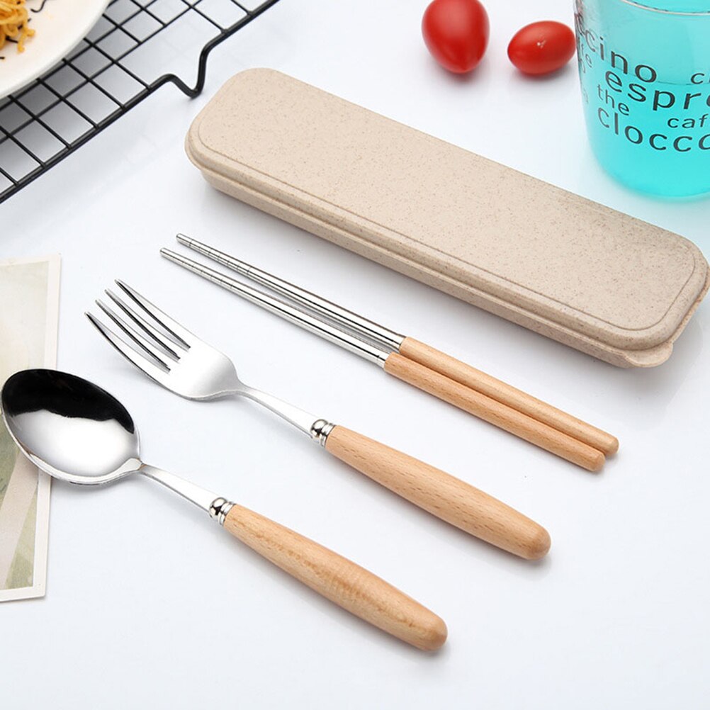 3PCS Stainless Steel Flatware Tableware Cutlery Set with Beech Handle Include Fork Spoon Chopsticks Case