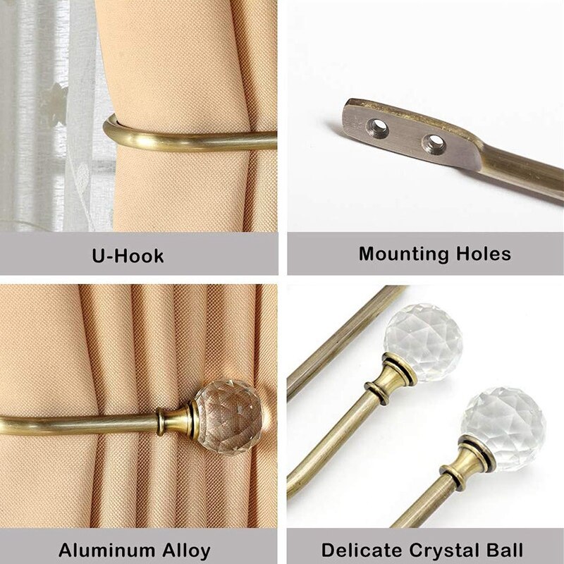 Curtain Holdbacks Acrylic Crystal Ball Curtain Tie Backs U Shaped Metal Curtain Holdbacks Wall Mounted Curtain Hook Backs, 2 Pac