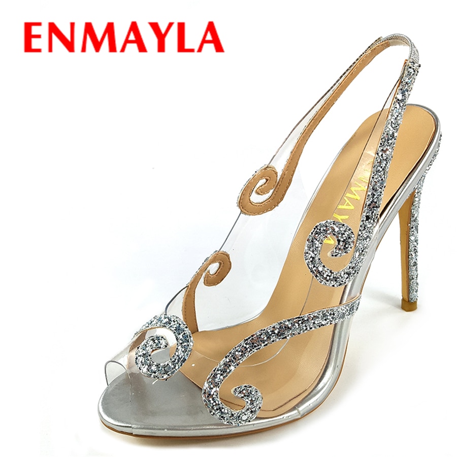 Enmayla sommer glitter høje hæle klare sko kvinde peep toe slingblack sandaler kvinder gennemsigtige fest bryllup pumps