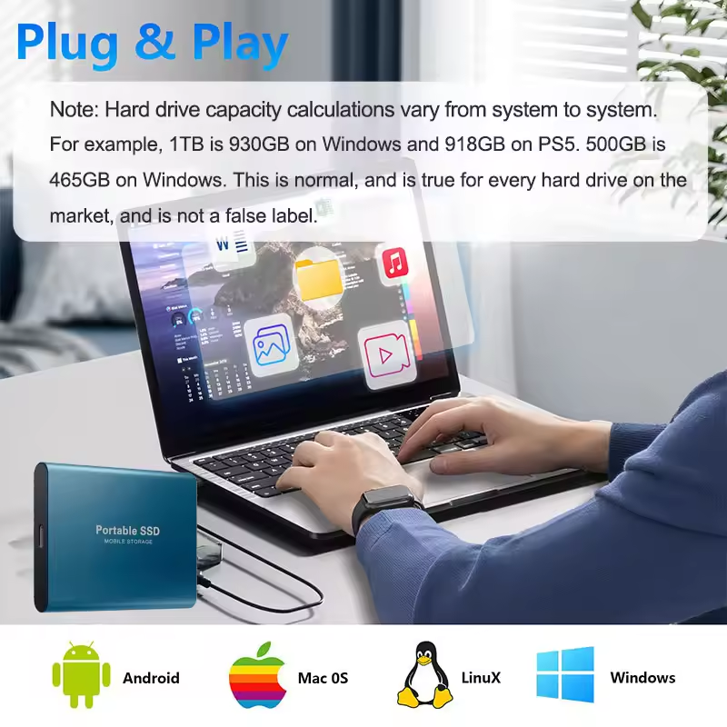 Mini-Festplatte 1 TB Neue 2 TB tragbare SSD hoch-Geschwindigkeit ​ ​ Externe externe USB 3.1 Typ-C-Festplatte für Laptops/MACs/Desktops