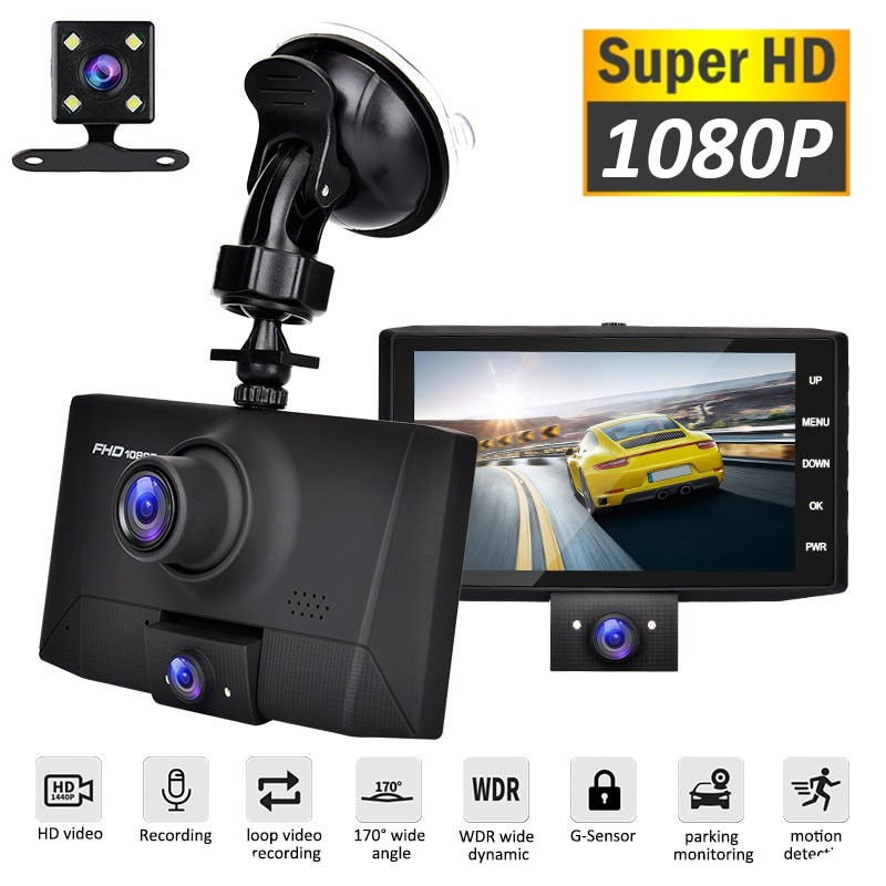 Caméra de tableau de bord, 3 en 1, DVR, Dashcam, enregistreur vidéo pour voiture, 4 pouces, 1080P, enregistrement en boucle, capteur G, Vision nocturne, grand Angle de 170 °