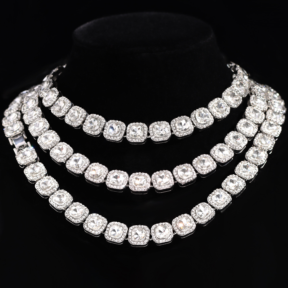 Iced Out Diamond Cuban Link Chain Necklace Men Women Rhinestone Paved Hip Hop Rhombus Cuban Necklaces Tennis Chain Jewelry