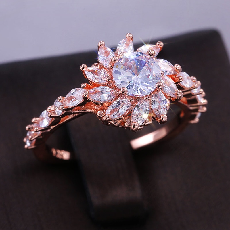 Huitan romântico planta agitando neve flor anéis de noivado rosa ouro farouche sonho proposta anéis atacado feminino gadget anel