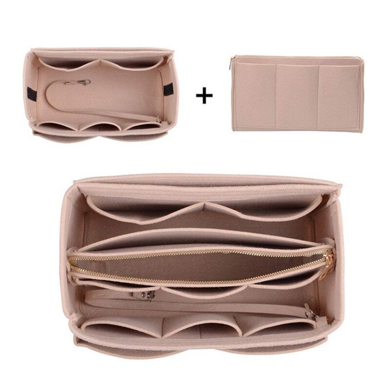 Popular Women's Makeup Organizer Felt Cloth Insert Bag Multi-functional Travel Cosmetic Bag Girl Storage Toiletry Liner Bags: Large beige