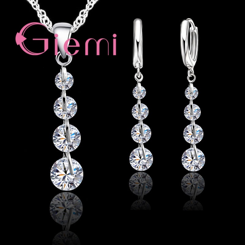 Real Romantic 925 Sterling Silver Cubic Zirconia Crystal Pendant Necklace Earrings Jewelry Set For Women Choker Wedding: WHITE