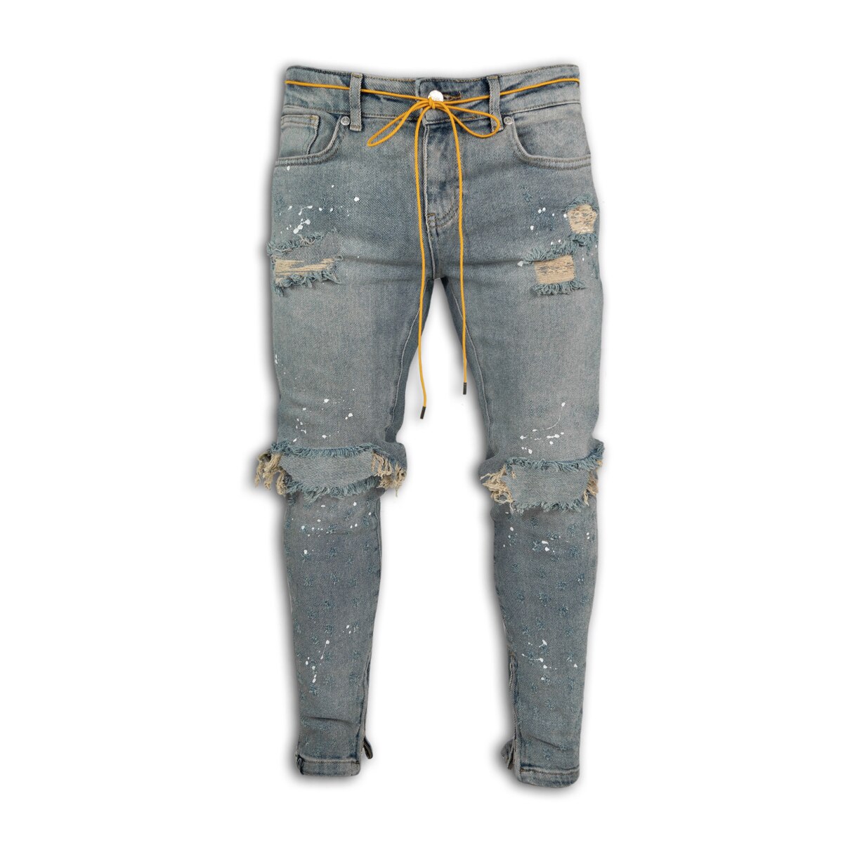 Pantalones vaqueros ajustados para hombre, Jeans rasgados rotos, estilo Hip Hop, pitillo, pantalones con parches bordados: 2 / S