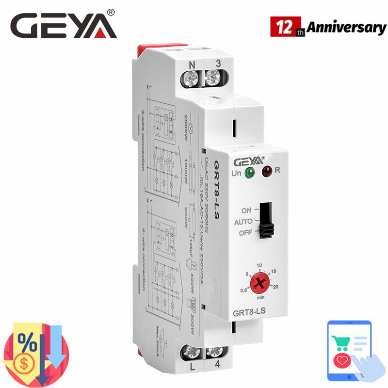 Grt 8- ls trappeur 230 vac 16a 0.5-20 min lys forsinkelse kontakt korridor switch geya