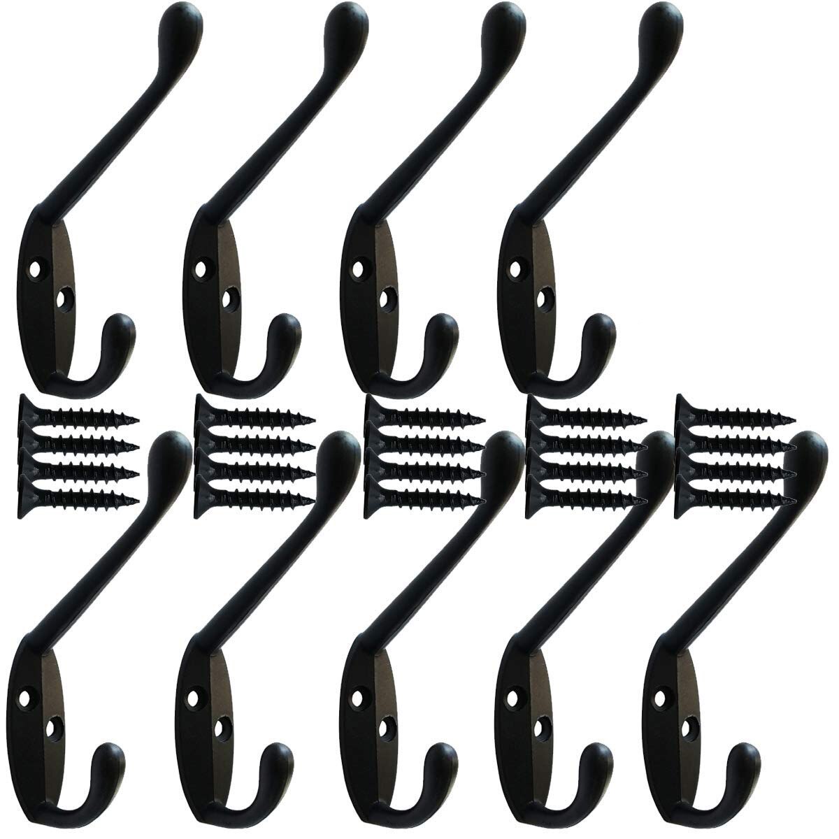 HASWARE 6 PCS Double Prong Robe Hook, Dual Coat Hooks with 12 Pieces Screws Antique Wall Mounted Hooks Robe Vintage Hooks Hangers Large Heavy Duty for Hat Clothes Hanger Towel Keys (Antique