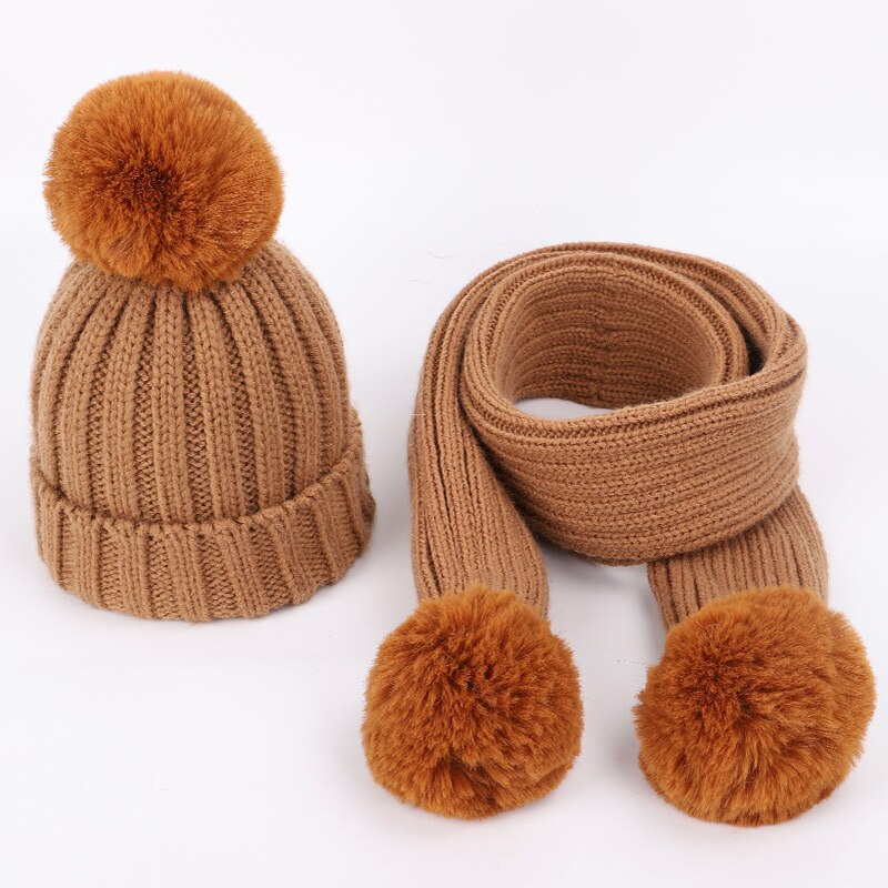 Mode kinderen Gebreide Mutsen Muts Sjaal 2 Stuks Set Effen Kleur Winter Jongen Meisje pompom Zachte Cap sjaals Baby Kids: Khaki-1