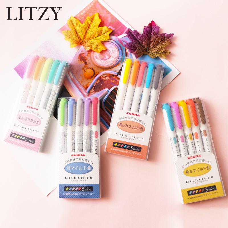 Japanese Zebra Mild Liner Double Headed Highlighter Pen Drawing Marker Pens Zebra Mildliner Scribble Stationery 3/5Pcs/Set