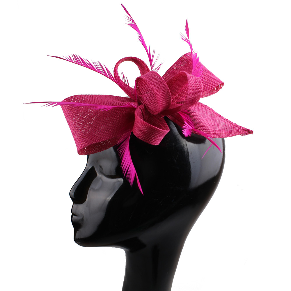Nachahmung Sinamay Hochzeit Kopfbedeckung Braut Champagner Fascinator Hut Haarnadel mit ausgefallenen Federn Haarschmuck Damen Kopfschmuck: Rose Rot