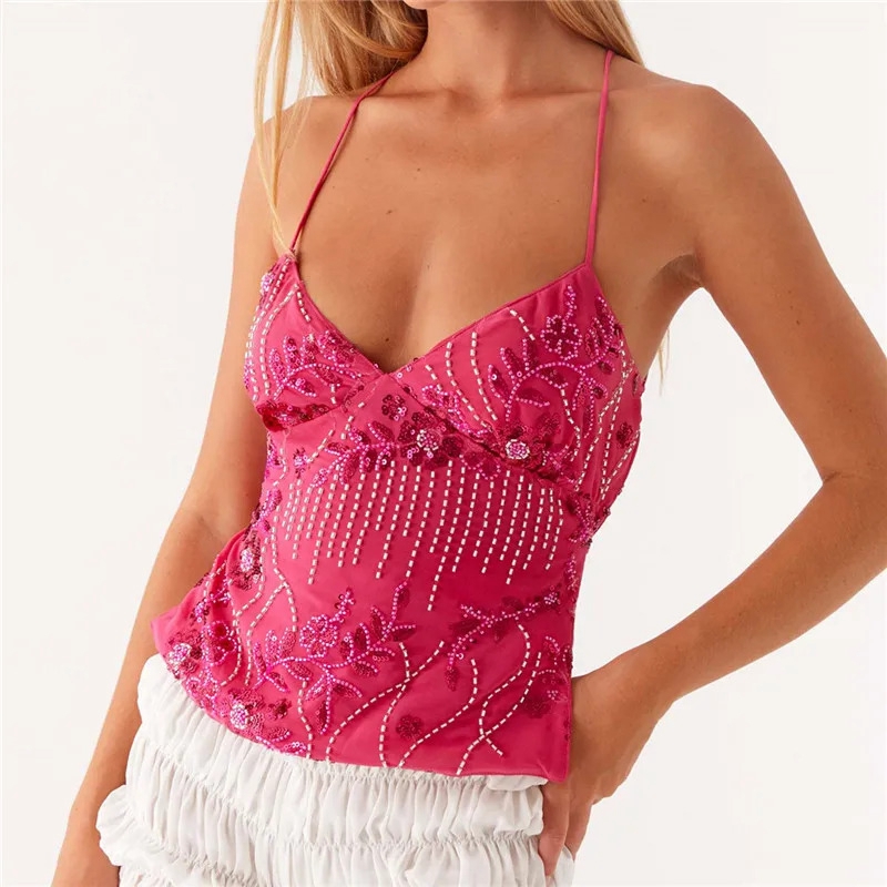 Sequin Beaded Crop Tops Coquette Multi-layers Sleeveless Camis Sparkly Glitter Tank Top Women Y2k Fiary Going Out Vest