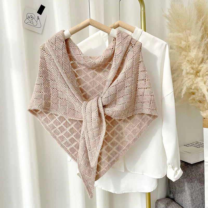 Knitted Small Shawl Women Wear Spring and Autumn Thin Hollow Shawl,Sunscreen and Warm Pure Color Triangular Shawl: khaki