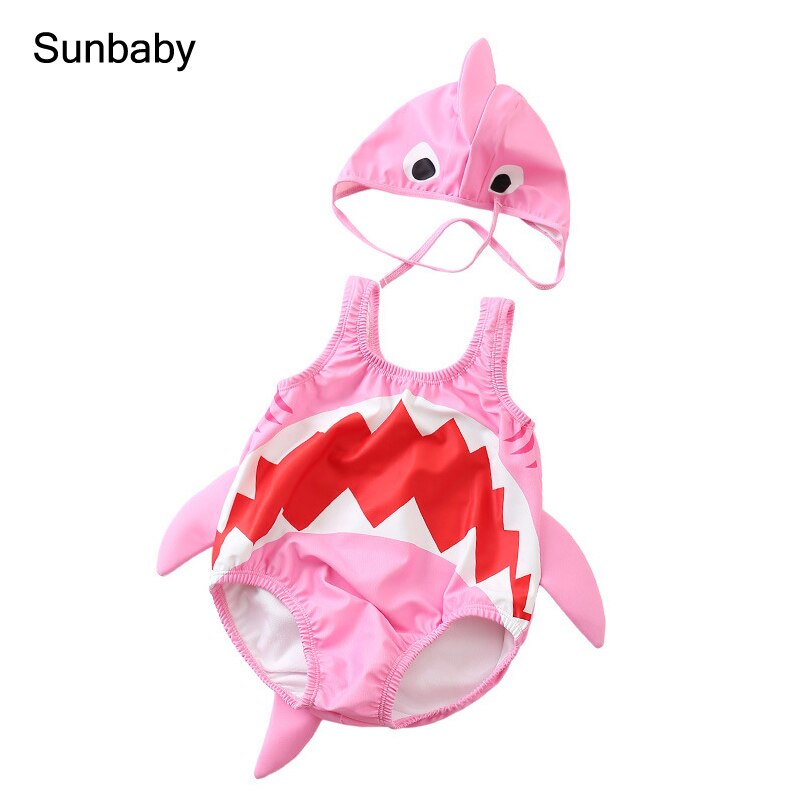 SUNbaby baby swimwear cute shark cartoon 2pcs Sleeveless swimwear kids One Pieces for 0-3 year S0303: Pink / 18M