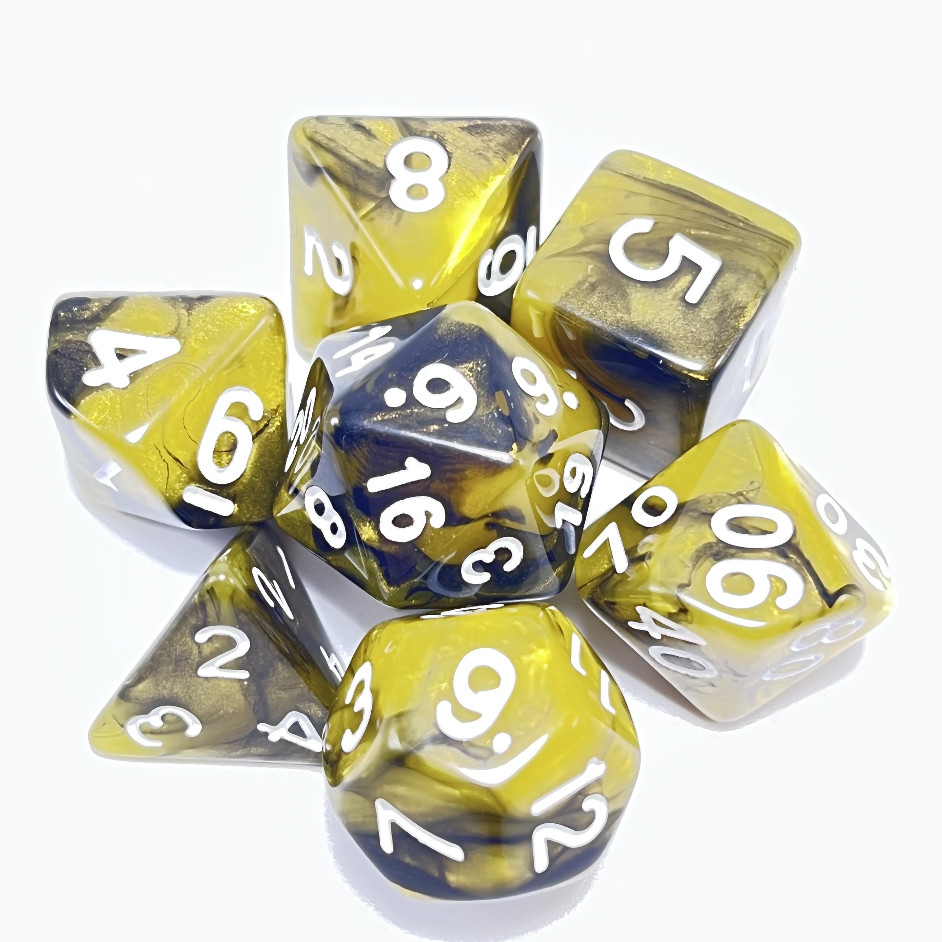 Dados de juego poliédricos de color negro y amarillo con fuente blanca, dados de juego de mesa, dados de juego de mesa, dados de juego de rol