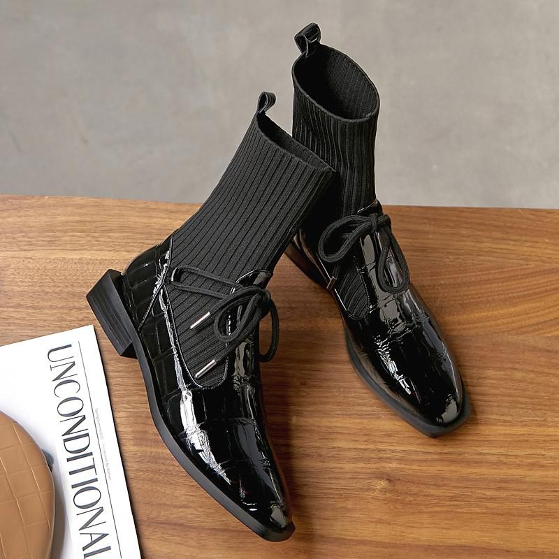 Botines de mujer Retro, zapatos de para mujer, botas a la para mujer, botas de invierno de con punta cuadrada, tela elástica: Black / 37
