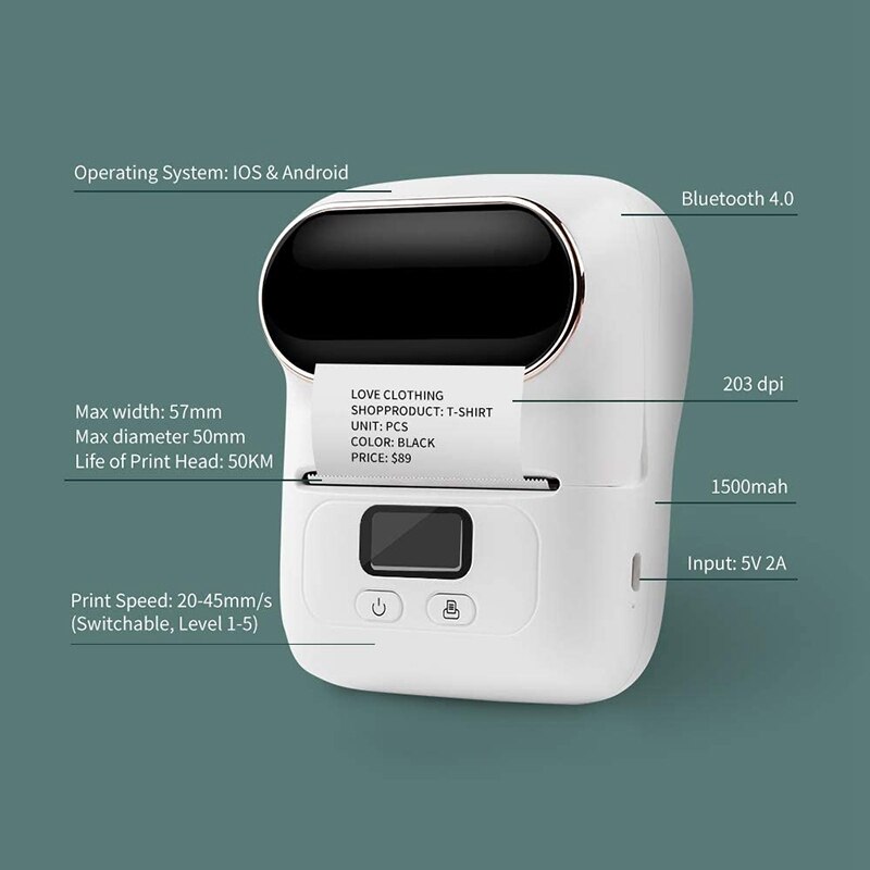 -m110 draadloze thermische etikettenprinters, draagbare bluetooth-etikettenmaker, barcodeprinter voor ios en android