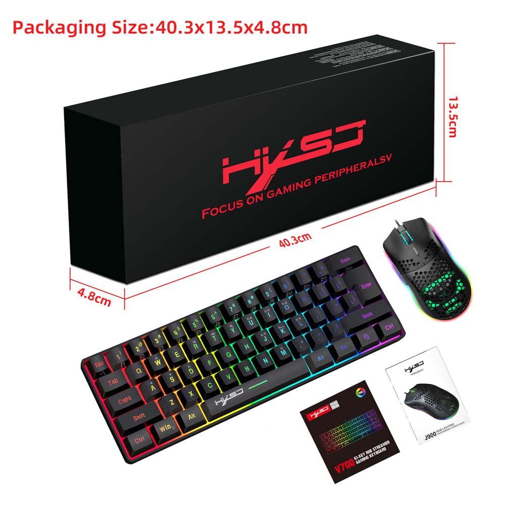 RGB-Tastatur, Gamer-Maus-Set, Kombination, 61 Tasten, kabelgebunden, buntes Licht, 6400 DPI, 6 Tasten, hohle kühlende Gaming-Maus: Black