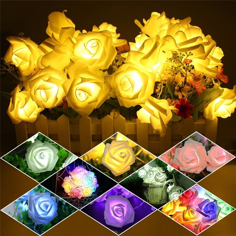 20 LEDs Rose Flower Fairy String Lights Battery Powered Romantic Floral Lamp Wedding Valentine's Day Event Party Garland Decor
