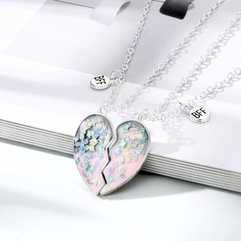 Sequin Stitching Heart Broken Best Friends Necklace Pendant Chain Necklaces BFF Friendship Jewelry for Unisex 2PCS