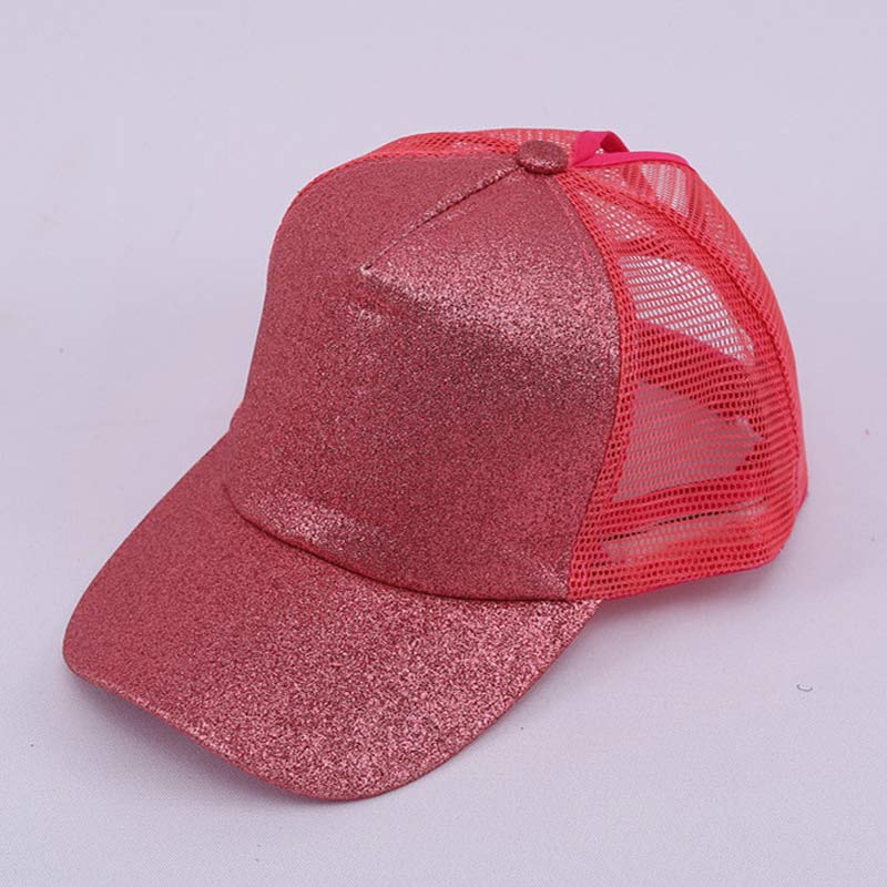 Skinnende kvinder hestehale mesh baseball cap rodet bun trucker cap sommer cool åndbar glitter sølv guld rød pink blå brun: Rød