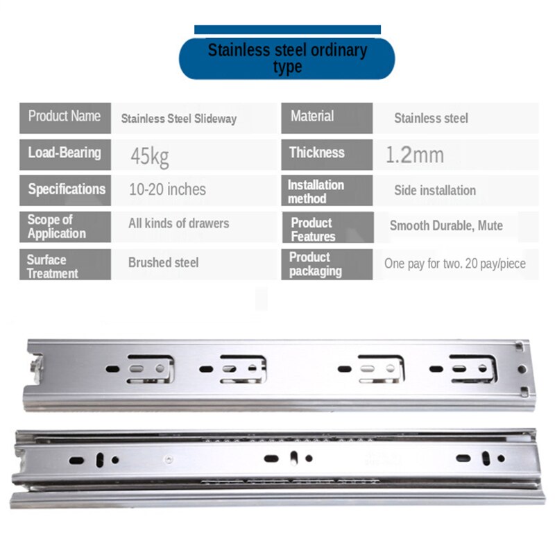 2Pcs Metal Stainless Steel Drawer Slides 10-22" Track Width 45mm Mute Three-Section Rail Sliding Furniture Hardware Fittings