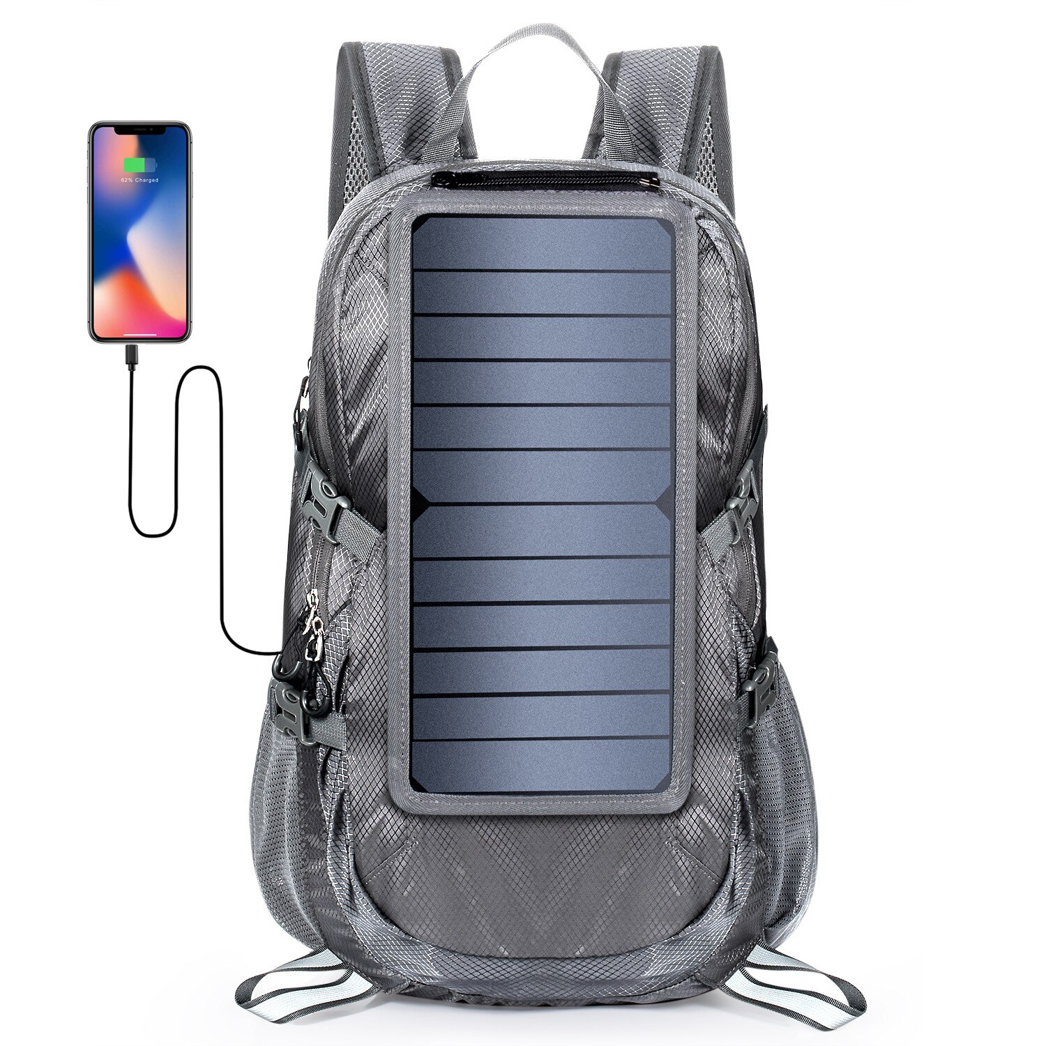Solar Rugzak Opvouwbare Wandelen Dagrugzak Met 5V Voeding 6.5W Zonnepaneel Opladen Voor Mobiele Telefoons: gray