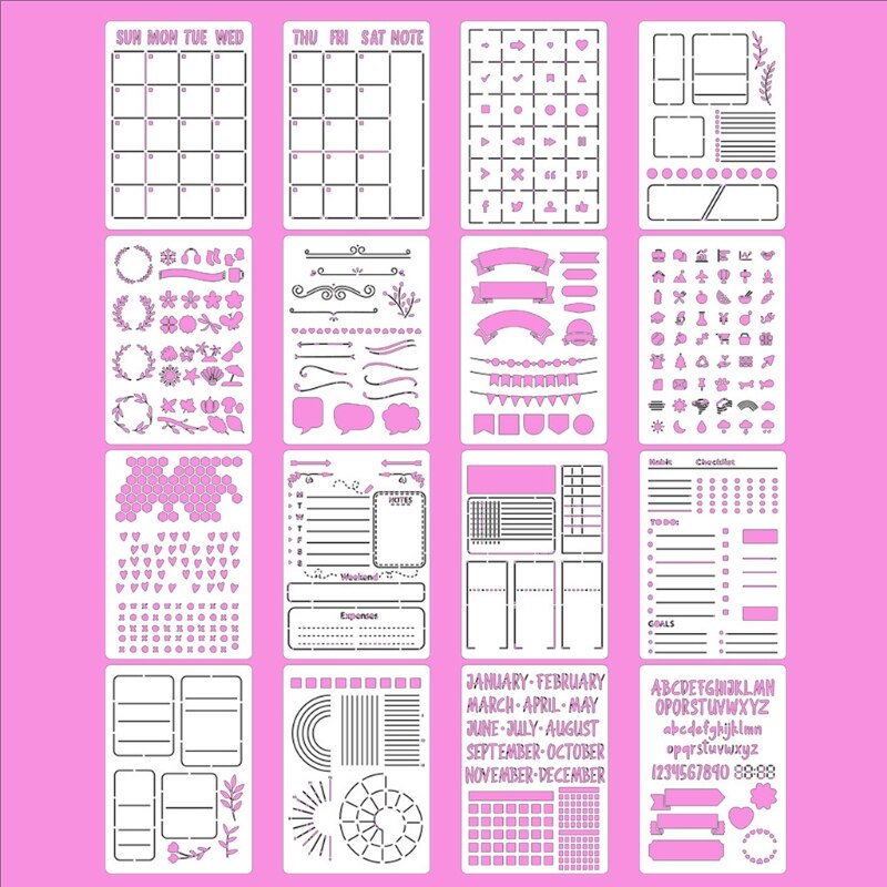 16pcs Plastic Journal Stencils Template for Journal Notebook Diary Scrapbook Planner DIY Drawing Stencils 8x6 Inch