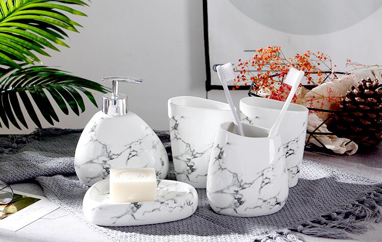 Marmer patroon bruiloft badkamer accessoires 5 delige set badkamer set zeepdispenser/tandenborstelhouder/cup/zeepbakje bad: B