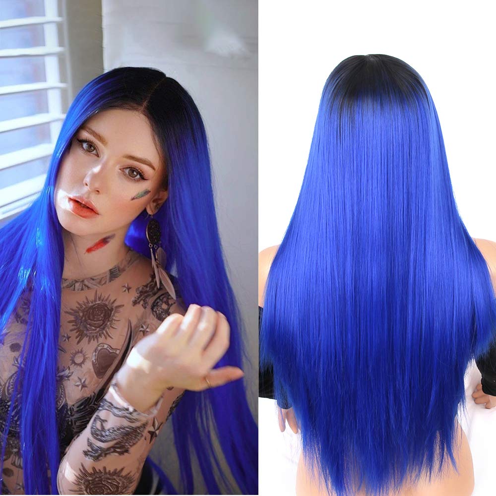 Largo SHANGKE-Peluca de pelo sintético liso para mujer, peluca de pelo liso Natural mezclado, Color de raíz oscura, degradado Natural, estilo africano y americano