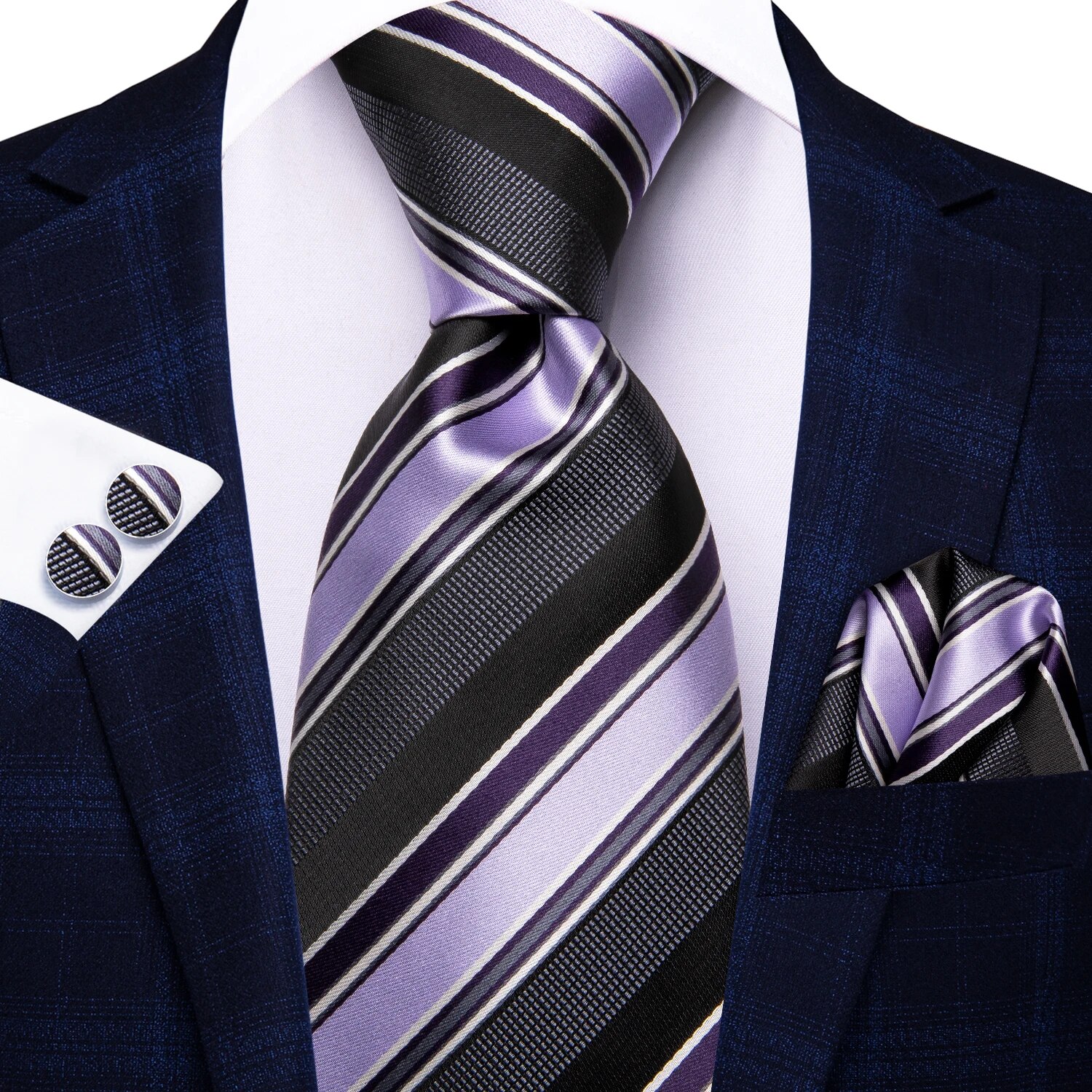 Hi-Tie Black Red Striped Silk Wedding Tie For Men Handky Cufflink Men Necktie Set Business Party: Blue