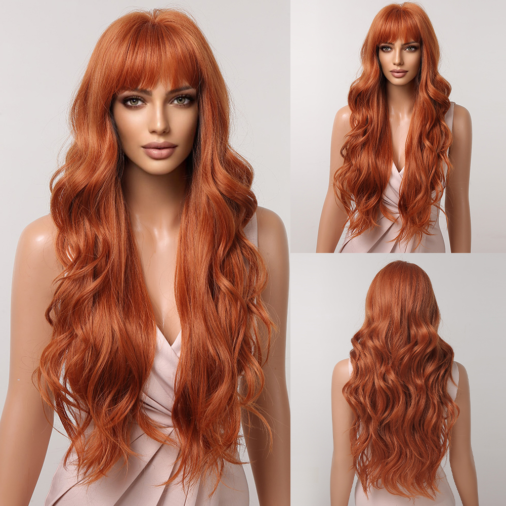 GEMMA Dark Brown Long Curly Synthetic Wig Deep Wave Cosplay Hair Wigs with Wavy Bangs for Women Daily Party Heat Resistant Fibre