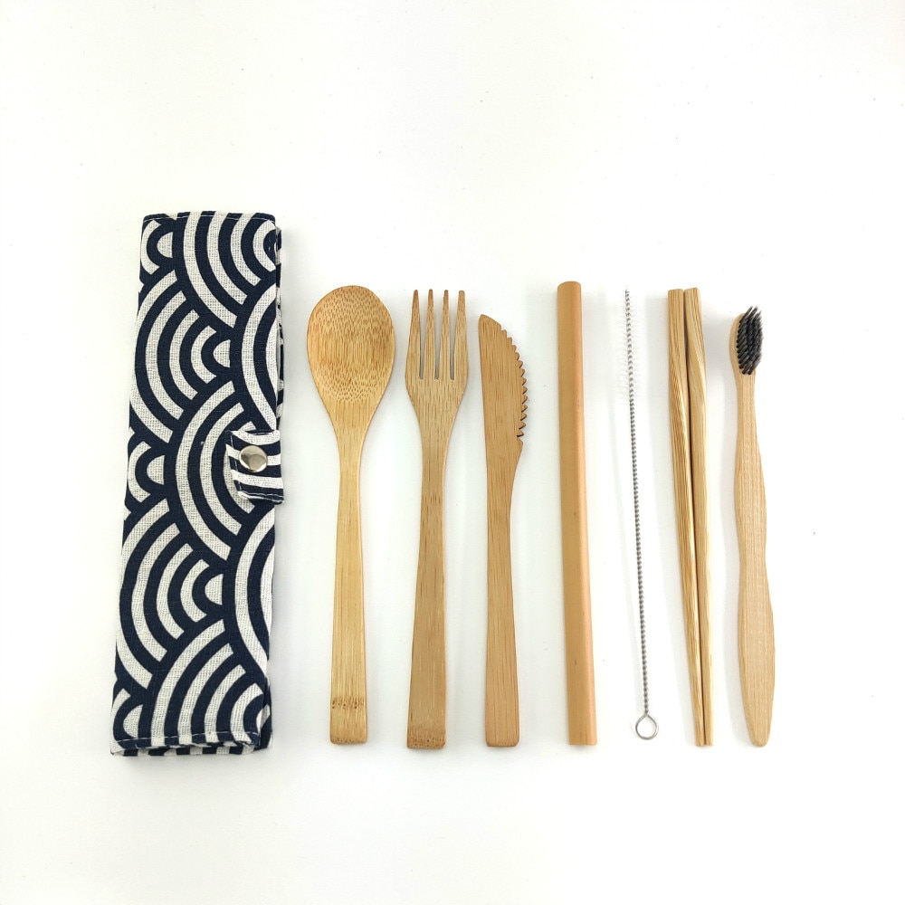 Eco Friendly Bamboo Cutlery Set of Wooden Utensils with Reusable Bamboo Spoon, Fork, Knife,and Reusable Straw Cleaner For Travel