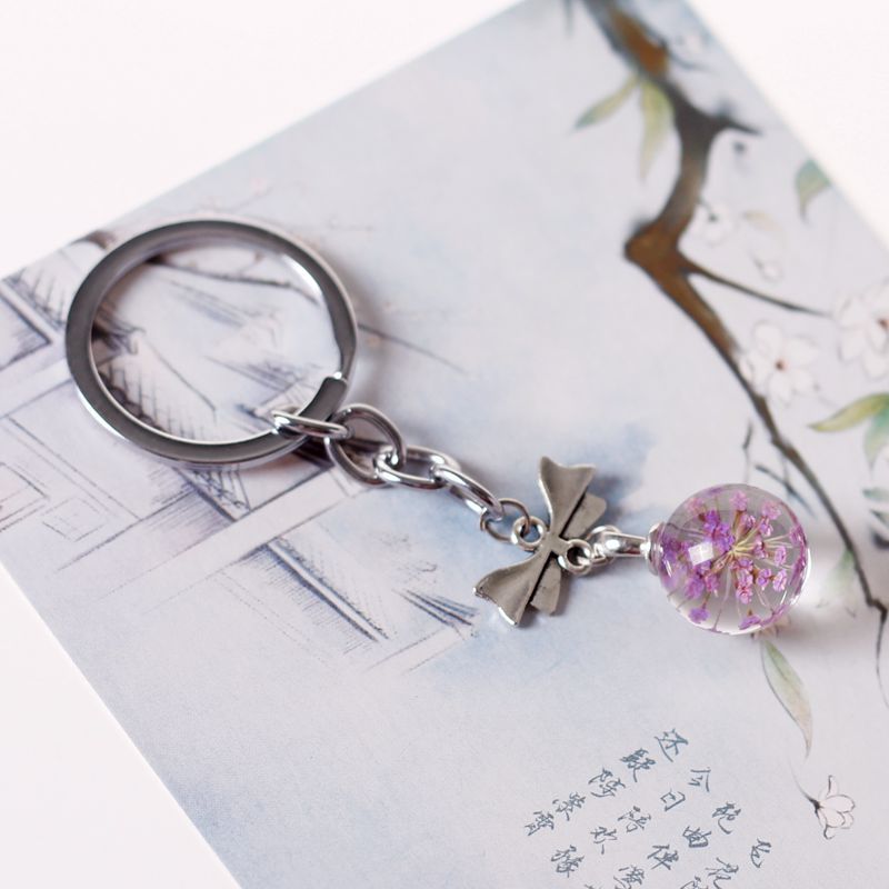 Ethnische Stil Einfache Schöne Getrocknete Blumen Glas Ball Legierung Bogen Anhänger Keychain Süße Mädchen frauen Schlüssel Tasche Zubehör