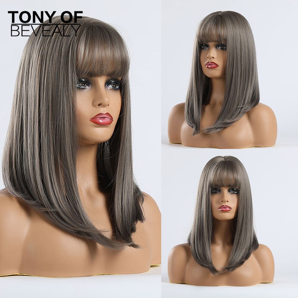 Pelucas de pelo largo liso ombré marrón ceniza Lolita parte lateral para mujeres Afo pelucas de pelo Natural para uso diario pelucas sintéticas resistentes al calor: lc241-1