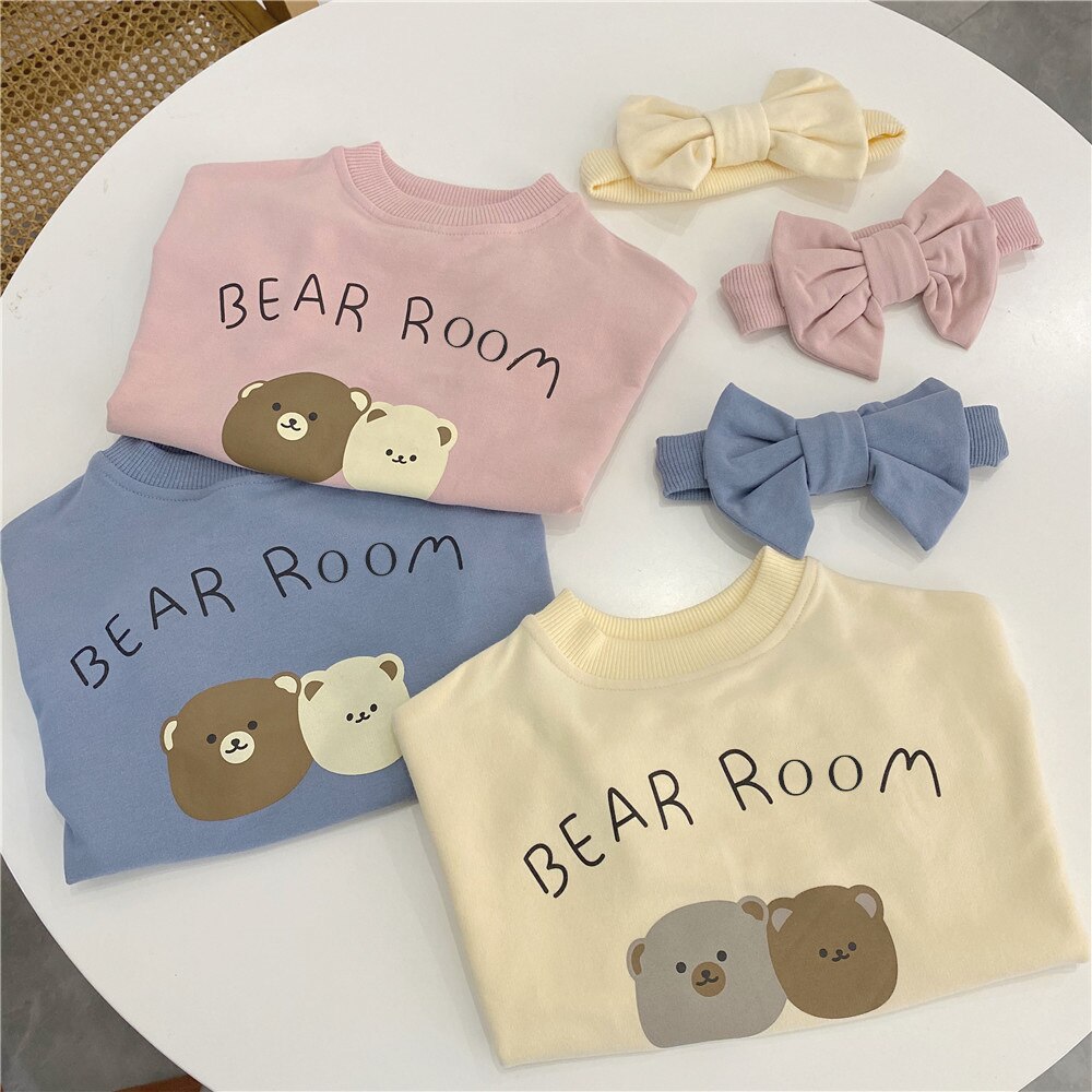 Automne mignon bébé filles dessin animé ours barboteuses en vrac avec bandeau de nœud papillon pur coton combinaisons décontracté