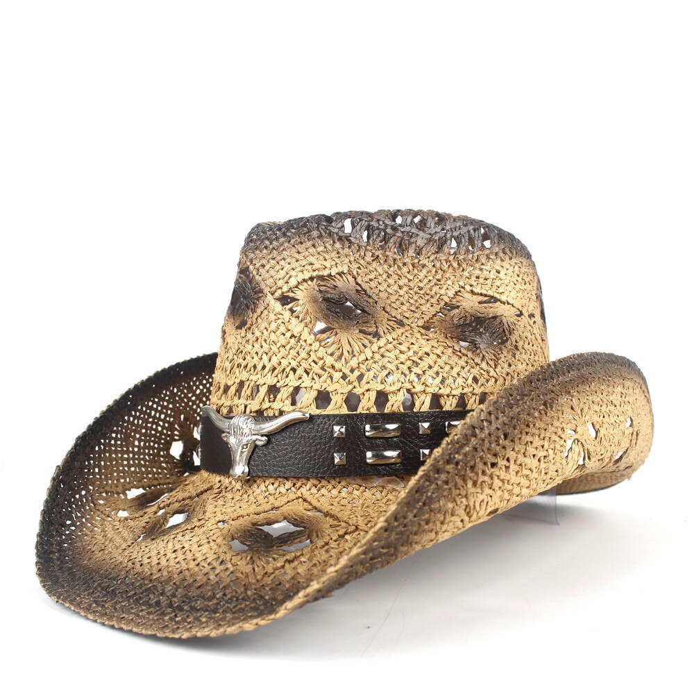 Sombrero de vaquero occidental de paja ahuecado para hombres y mujeres Sombrero de Sol de talla 56- 58 CM