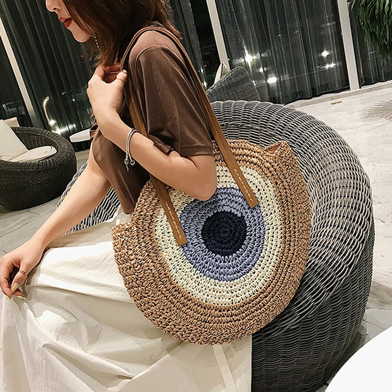 Round Ladies Straw Woven Bag Simple Shoulder Bag Beach Bag Large Capacity Handbag Women Bags Casual Tote Zipper