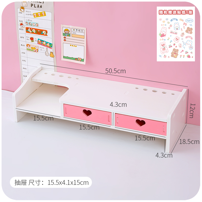 Kawaii Desktop Monitor Stand Wooden Computer Laptop Elevated Stand with Drawers Desk Storage Organizer Pink Cute Monitor Stand: Yellow