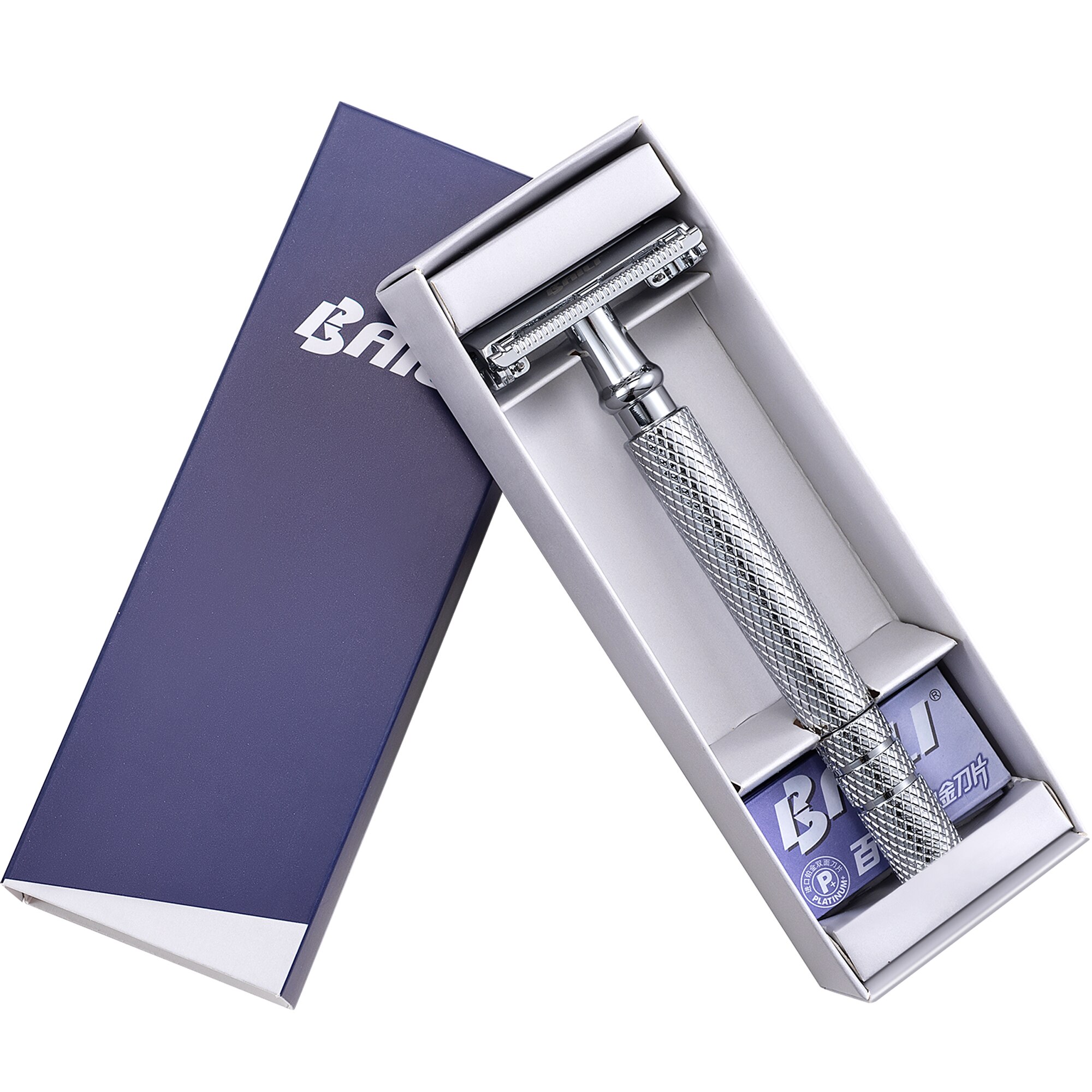 BAILI Butterfly TTO Long Handle Double Edge Safety Razor Wet Shaving for Men Women with 10 Platinum Blades Silver Black
