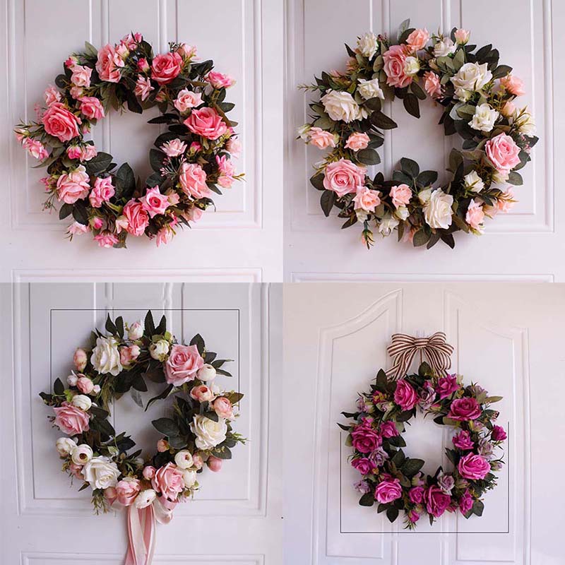 Christmas Artificial Flowers DIY Rose Flower Wreath Hanging Wall DIY Garland Home Door Decor Handmade Party Flower Ornaments