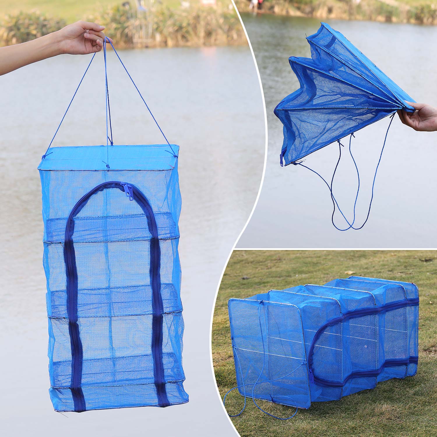 Sougayilang Foldable Hanging Drying Fish Net 3 Layer Universal Prawn Crab Dryer Hanger Convenient Double Zipper Fishing Tool