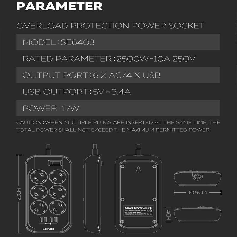 Eu-stekker elektronische stekkerdoos snel opladen 3 usb  + 6 stopcontacten voor mobiele telefoons 2500w 250v 2m verlengkabel netwerkfilter