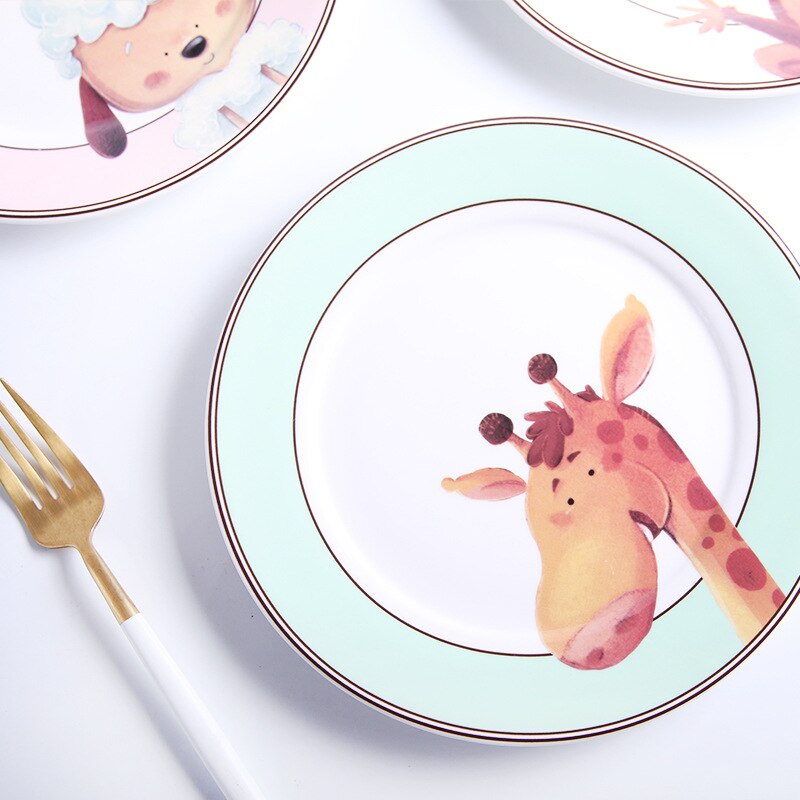 Plato de cerámica redondo de dibujos animados de 8 pulgadas, vajilla de porcelana para niños, estilo occidental, bandeja para carne, fruta, postre, frutos secos, platos para aperitivos