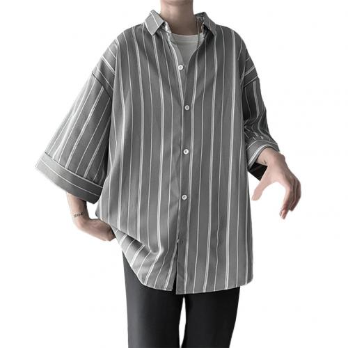 Striped Short Sleeves Turn-down Collar -Shoulder Men Loose Top Shirt Men's Clothing: Grey / L