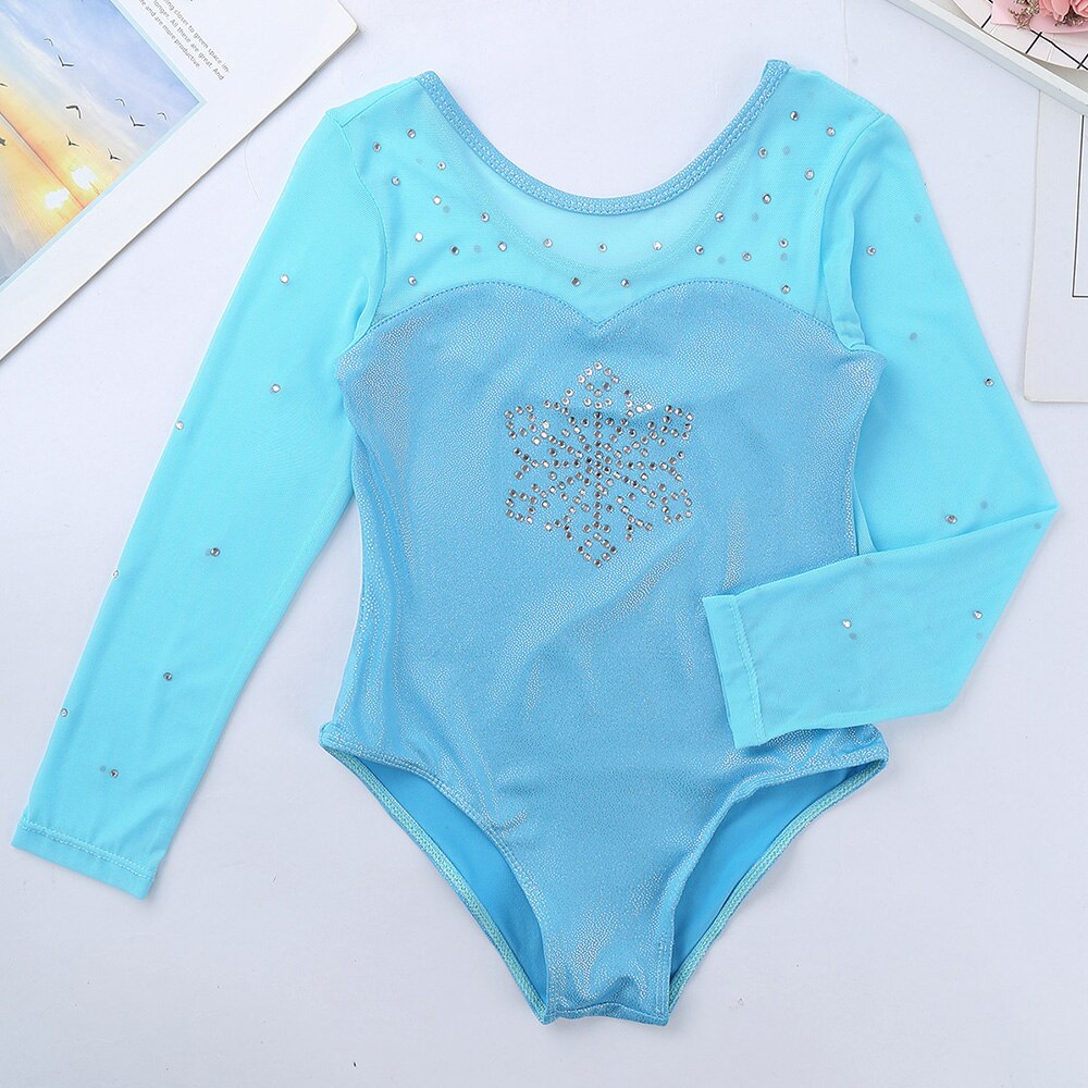 Gymnastics Leotard for Girls Long Sleeves Sparkly Rhinestone Snowflake Tulle Splice Ballet Leotard Dancewear ballet dress Kids