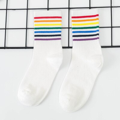Grappige Leuke Regenboog Gestreepte Sokken Meisjes Katoen Losse Crew Sokken Kleurrijke Vrouwen Kid Harajuku Retro Kerstcadeau Sokken: White 3