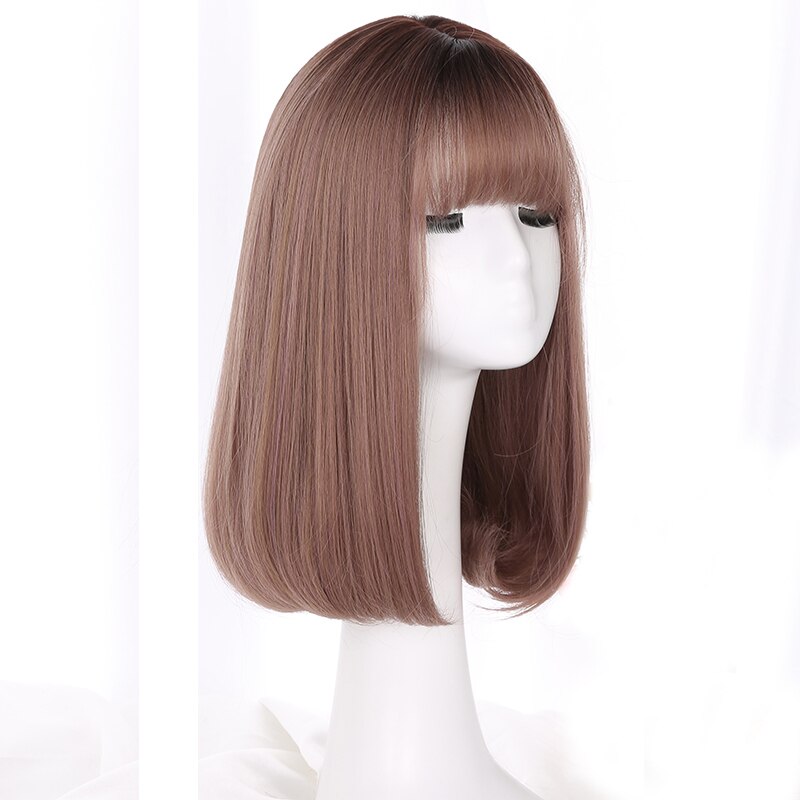 Yiyaobess, estilo coreano, peluca sintética de pelo medio largo de Bob con flequillo, raíces oscuras, pelo Ombre, lino, gris, pelucas de mujer rectas naturales