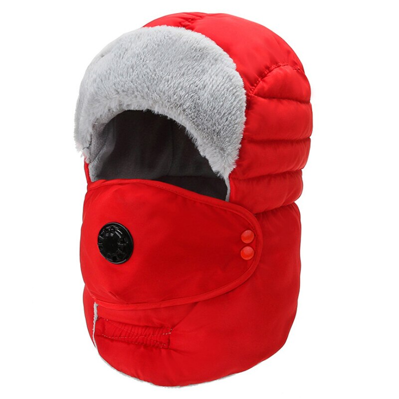 Bomber Hat Men Women Winter Hat with Mask Thick Warm Russian Hat Windproof Earflap Trapper Cap Unisex Snow Ski Fur Hat: Red