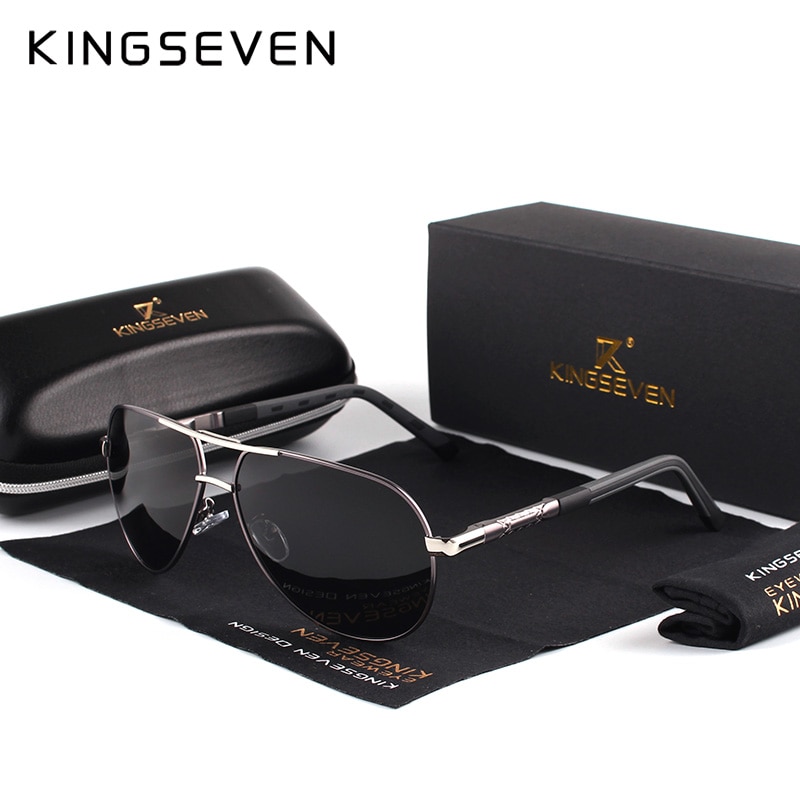 Kingseven mænd vintage aluminium polariserede solbriller klassisk mærke solbriller belægning linse drivende briller til mænd/kvinder: Grå sort